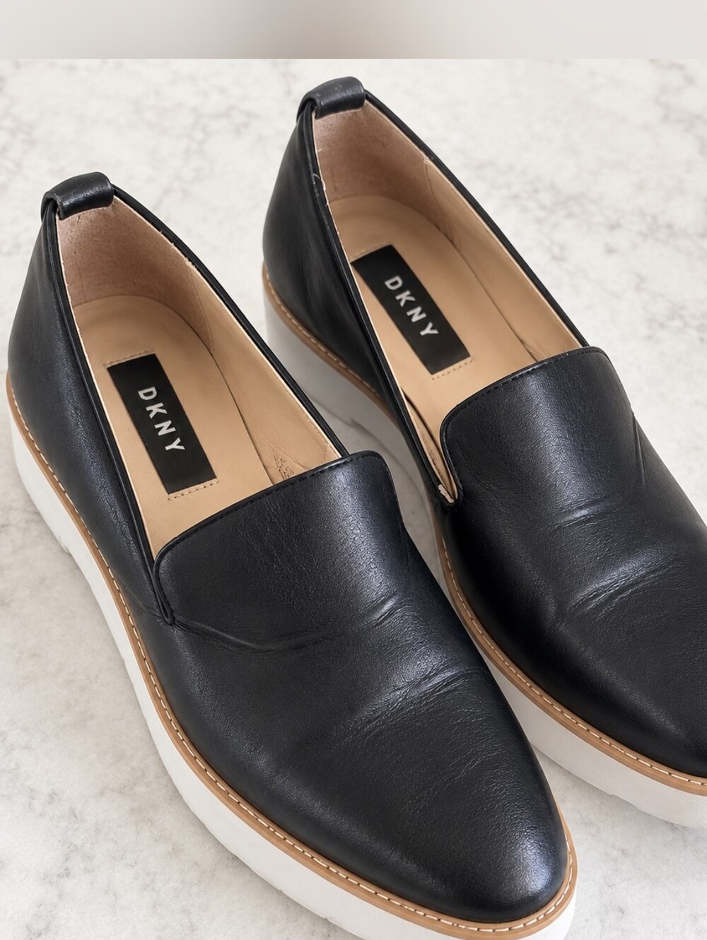 DKNY Black Leather Slip-On Loafers for Women